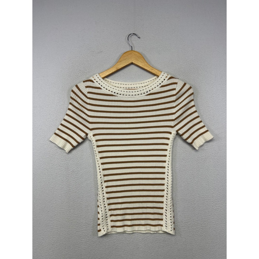 Parisian LOFT Womens XS Ivory Brown Striped Crochet Trim Ribbed Knit Top Preppy
